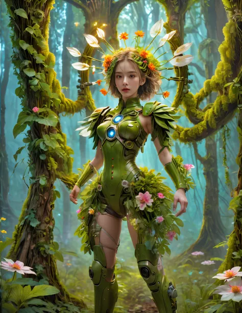 middle，(a girl made of fresh plants，holding a futuristic sci-fi mechanical sniper gun aiming at the target，body covered with flo...