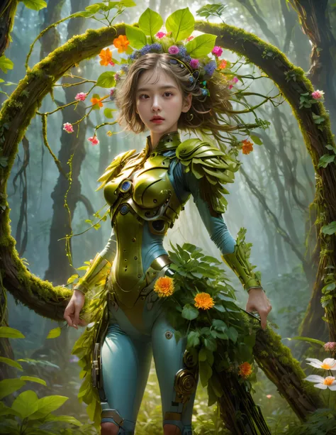 middle，(a girl made of fresh plants，holding a futuristic sci-fi mechanical sniper gun aiming at the target，body covered with flo...