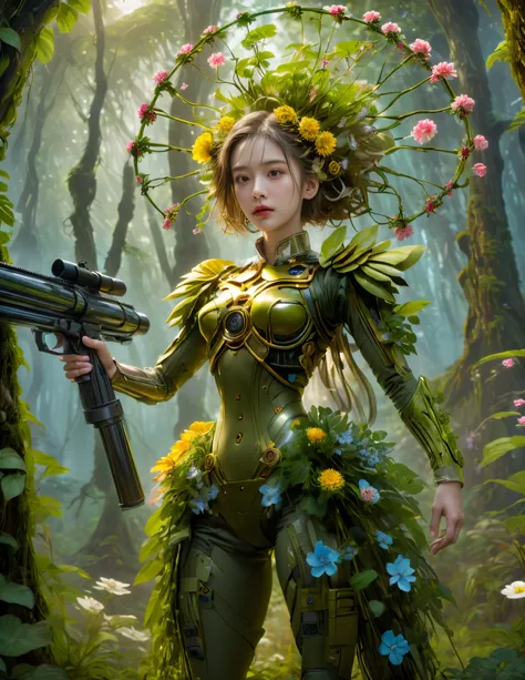 middle,(a girl made of fresh plants,Holding a futuristic sci-fi mechanical sniper gun aiming at the target,body covered with flowering plants,flower limbs,plant high heels,Plant hair,Plant clothes),blossoms,age-old tree,ln the forest,(globalillumination、Ra...