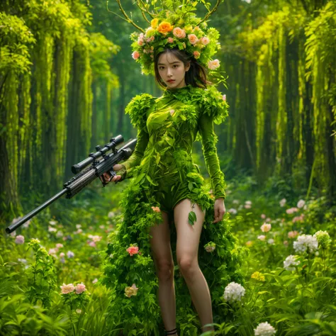 middle，(a girl made of fresh plants，holding a sniper rifle made of plants and aiming at the target，sniper rifle made from green ...