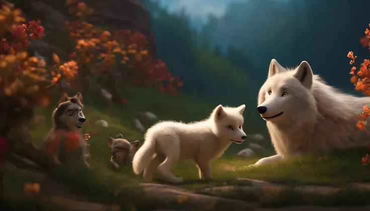 Pixar, wolves and lambs playing together, a very beautiful background,