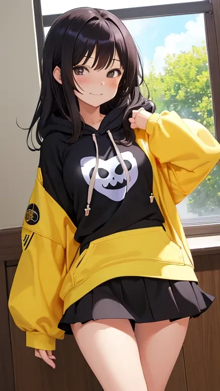 (masutepiece, Best Quality:1.2), (Looking at Viewer), (Wavy Hair:0.8),
1girl in, (Upper body:0.85), (Black theme:1.2), {Indoors|Outdoors}, Dark eyes, Dark hair, 
{Medium Hair}, Larger hoodie, (tight miniskirt:1.2),
({Happy face|peaceful face|Shy face|Curio...