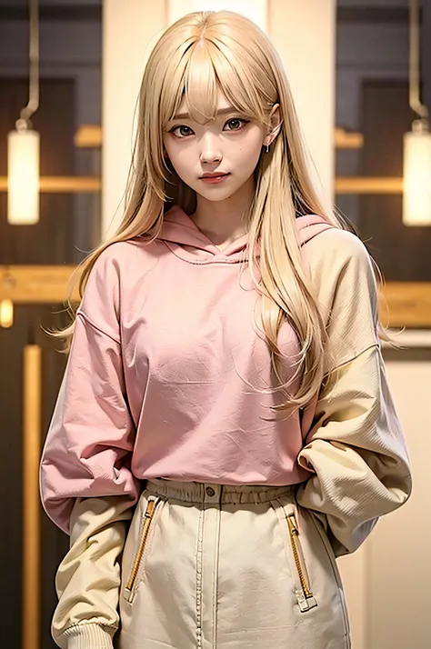 1girl, blonde hair, flat bangs, hair down, red eyes, angry flat stare, smile, pink hoodie, yellow left sleeve, white right sleeve, beauty mark beside left eye, cyan hair pin, cute face, masterpiece