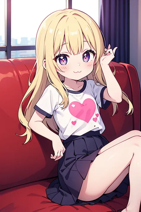 Long hair, flip-flops, thighs, legs, skirt, t-shirt, heart pupils, white skin, :3 smile, blush