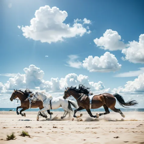 Blue sky and white clouds floating，Horses running under white clouds