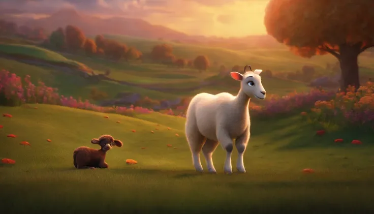 Pixar, a Wofes and lamb playing together, a very beautiful background,