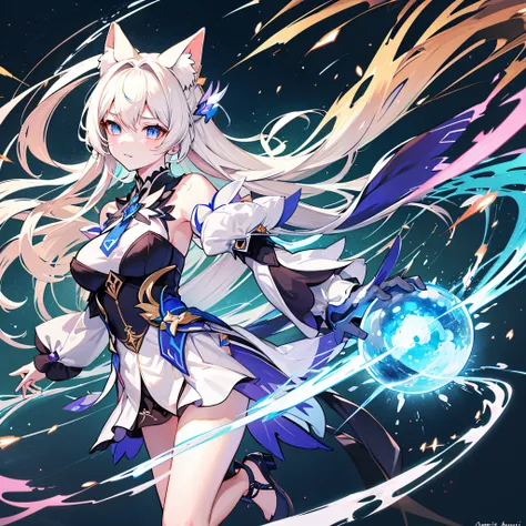 honkai impact, herrscher of thunder, absurdres, 1girl, very long hair, fox ears, full body, (stormy atmosphere),(best quality,hi...