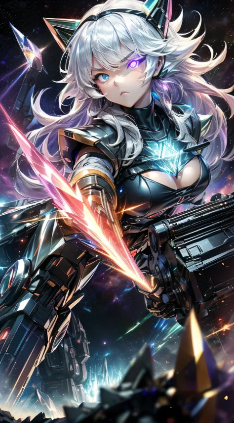 top-quality、Top image quality、​masterpiece、girl with((black glowing airplane、glowing mechanic suit、18year old、teen ager、cute little、Best Bust、big bast,Beautiful shining purple eyes、Breasts wide open, white  hair、Longhaire、A slender,Large valleys、belligeren...