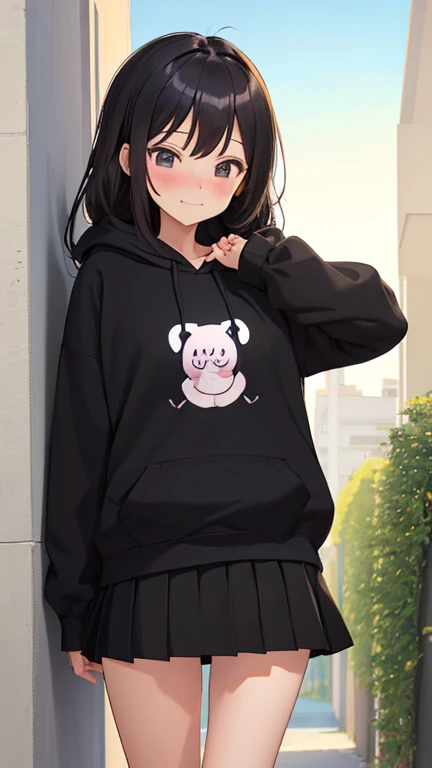 (masutepiece, Best Quality:1.2), (Looking at Viewer), (Wavy Hair:0.8),
1girl in, (Upper body:0.85), (Black theme:1.2), {Indoors|Outdoors}, Dark eyes, Dark hair, 
{Medium Hair}, Larger hoodie, (tight miniskirt:1.2),
({Happy face|peaceful face|Shy face|Curio...