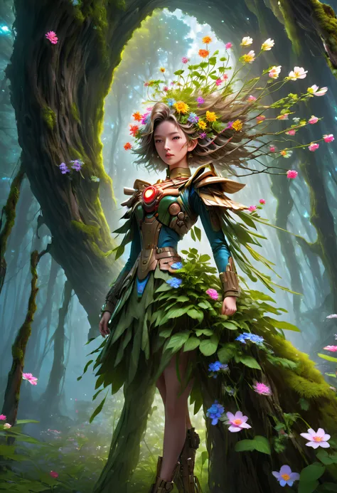 middle，(A girl made of fresh plants，Aim at the target with a futuristic sci-fi mechanical sniper rifle，body covered with flowering plants，flower limbs，plant high heels，plant hair，Plant clothes），blossom flower，old trees，at a forest，（globalillumination、ray t...