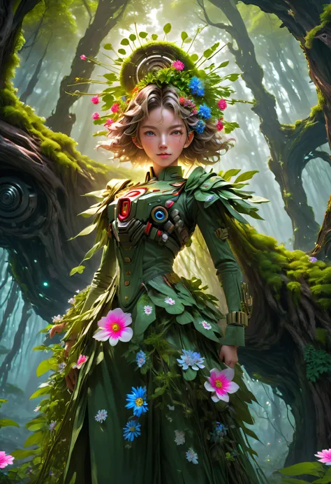 middle，(A girl made of fresh plants，Aim at the target with a futuristic sci-fi mechanical sniper rifle，body covered with flowering plants，flower limbs，plant high heels，plant hair，Plant clothes），blossom flower，old trees，at a forest，（globalillumination、ray t...