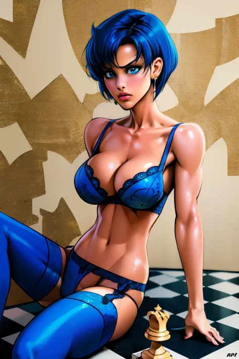 (solo, 1girl), (absurdres, highres, official wallpaper, poster), (masterpiece, best quality:1.2), (illustration, realistic), (perfect details, highest detailed, extreme detailed), dramatic light, AmiMizuno, (sailor mercury, neck ribbon, blue hair, short ha...