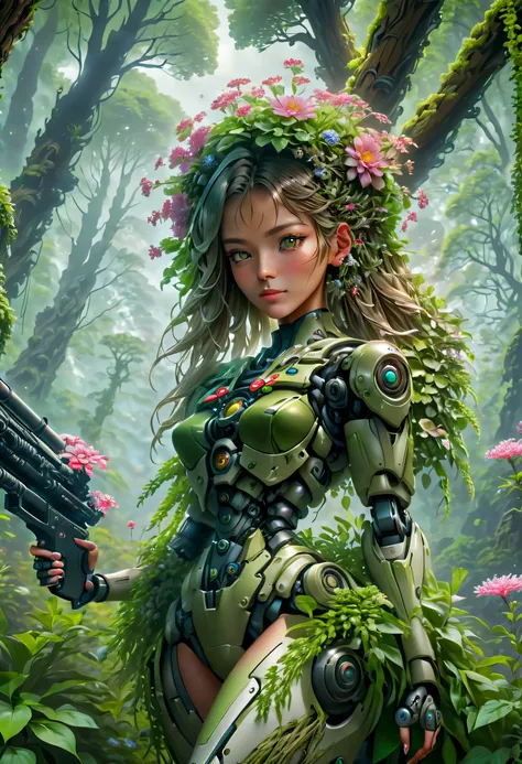 middle，(A girl made of fresh plants，Aim at the target with a futuristic sci-fi mechanical sniper rifle，body covered with flowering plants，flower limbs，plant high heels，plant hair，Plant clothes），blossom flower，old trees，at a forest，（globalillumination、ray t...