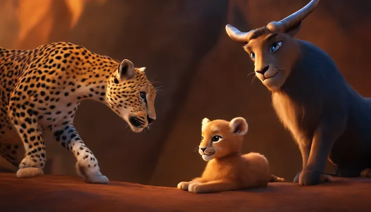 Pixar, leopards and goats playing together,