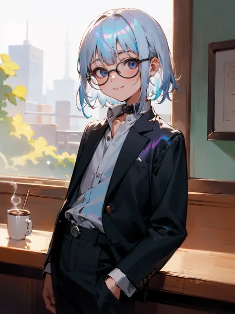 Male child, eye glasses,Cowboy Shots,A smile, silber hair，Daytime，Iridescent background，1girl in, Gawr Gura, A detailed eye, coffee shop, portlate, buttoning, white  shirt, shirt with collar, Black pants, volume illumination