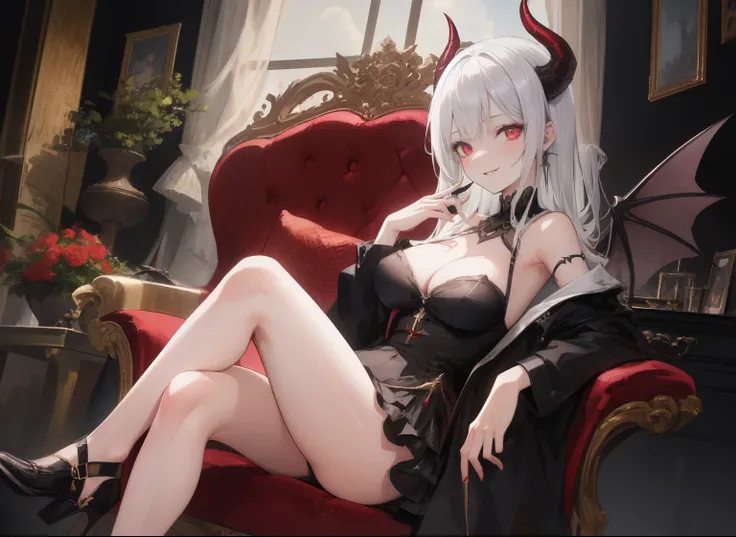 (8K,RAW photos,highest quality, masterpiece,HDR,bloom:1.2),1girl,27 years old,mature girl,looking at viewer, expressive eyes,perfect anatomy,good fingers,silver hair,red eyes,demon queen,Sitting on the throne of the demon king, evil smile,demon horn, cleav...