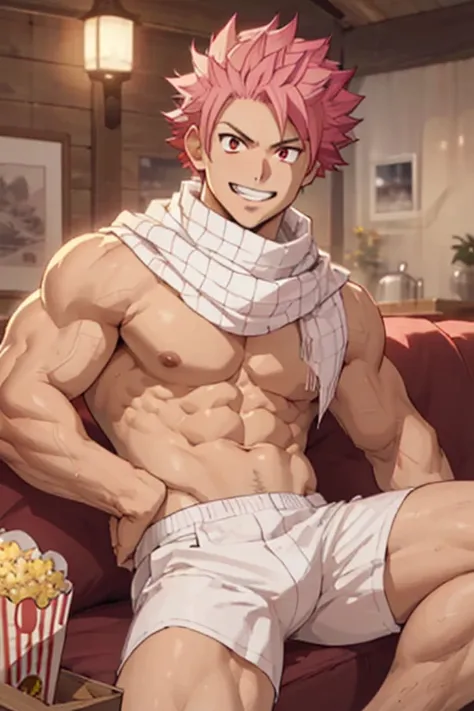 masterpiece, best quality red eyes, game cg, 1boy, adult male solo, male focus, looking at viewer smiling widely, upper body, Natsu Dragneel natsu_dragneel, pink hair, red eyes, shirtless naked, toned muscle, pectorals, 8 abs, toned legs, naked, slightly b...