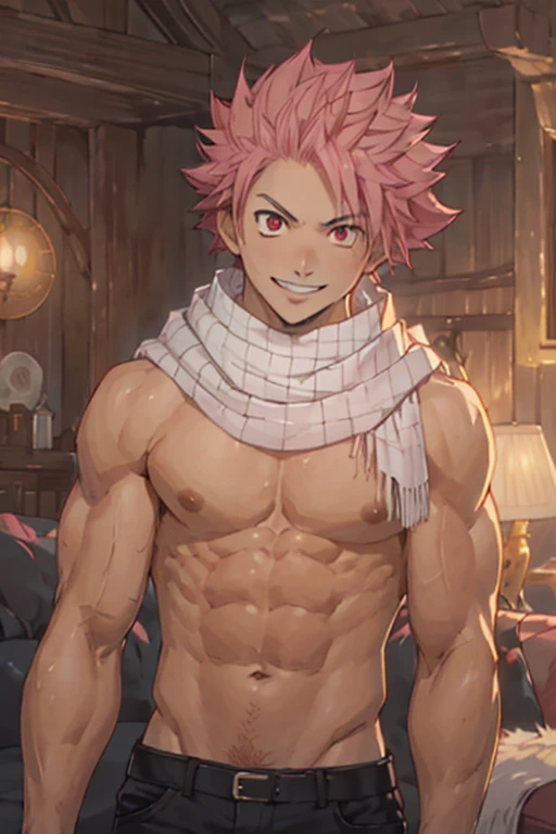 masterpiece, best quality red eyes, game cg, 1boy, adult male solo, male focus, looking at viewer smiling widely, upper body, Natsu Dragneel natsu_dragneel, pink hair, red eyes, shirtless naked, toned muscle, pectorals, 8 abs, toned legs, naked, slightly b...