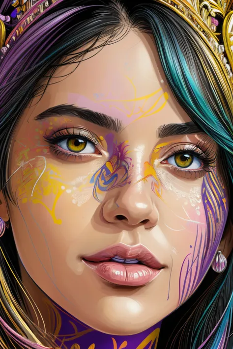 Highly detailed, High Quality, Masterpiece, beautiful, FISideRight, 1girl, solo, ((best quality)), ((masterpiece)), (detailed), perfect face, abstract beauty, Create a digital art work in pop art style, luxury elegance bold with hint of feminine, happy & y...