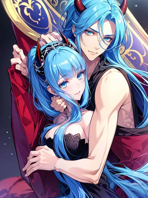 demon king and demon queen couple.demon queen has,long blue hair,blue eyes,blue horns,demon outfit,demon king and queen palace,absurdres,ultrasharp,8k,high res,masterpiece.demon king has,long blue black messy hair,blue eyes,blue horns,demon outfit,demon ki...