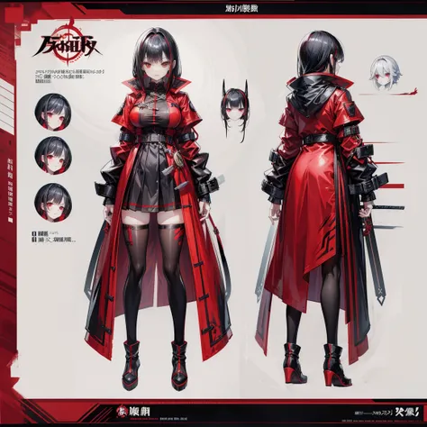 Character Sheets,1girll，long legs，Red and black shirts，Red and black skirt，Red and Black Mechanical Windproof Boots，Large red and black trench coat，Long red and black hair，red eyes，standing pose，Red Katana，HighestQuali,4k，Chinese girl design，Detailed Gensh...