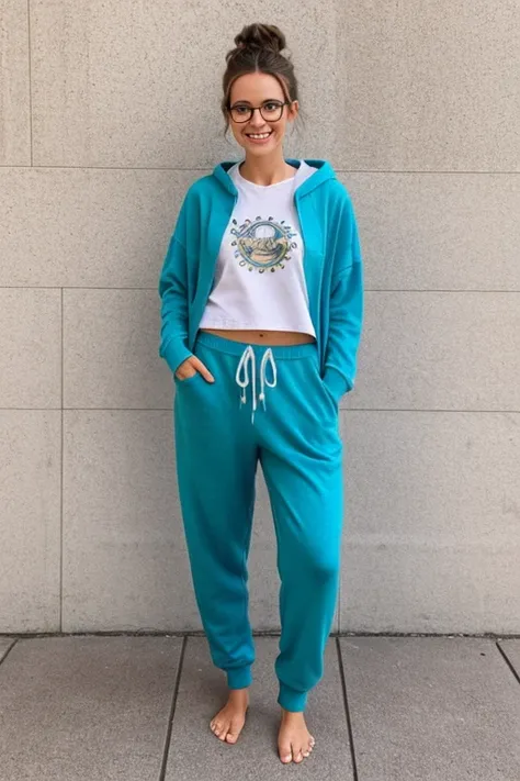 A cute happy barefoot woman with  hair in a messy bun and glasses, facial freckles, toenail polish, , standing, wearing an oversized hodie and sweatpants