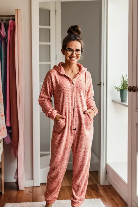 A cute happy barefoot woman with  hair in a messy bun and glasses, facial freckles, toenail polish, , standing, wearing an onesie