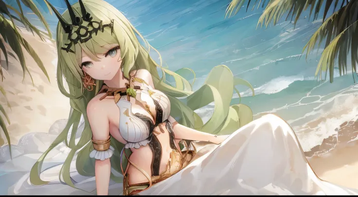 solo, 1girl, highres, green eyes, green hair, small breasts, looking at viewer, jewelry, crown, earring, lace, sundress, shawl, outdoor, beachside --seed 2792853060 --sameseed 2792853060