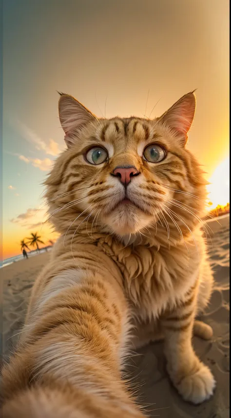 a big fluffy yellow cat taking selfie in a beach, sunset, fisheye lens, establishing shot, pastel color grading, depth of field ...