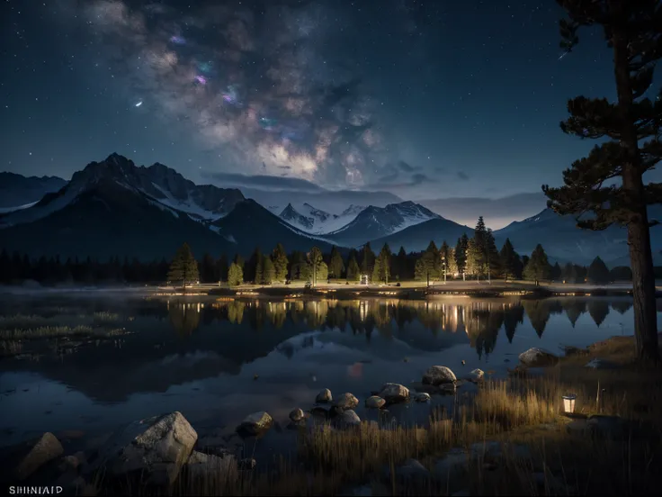 wide angle, landscape, 4k ultra-detailed, best quality, cinematic shot, masterpiece:1.3, sharp focus:1.5, photorealistic:1.3, other world, mystical atmosphere, low exposure, starry night, serene view, breathtaking nature, distant mountains, moonlit sky, tr...