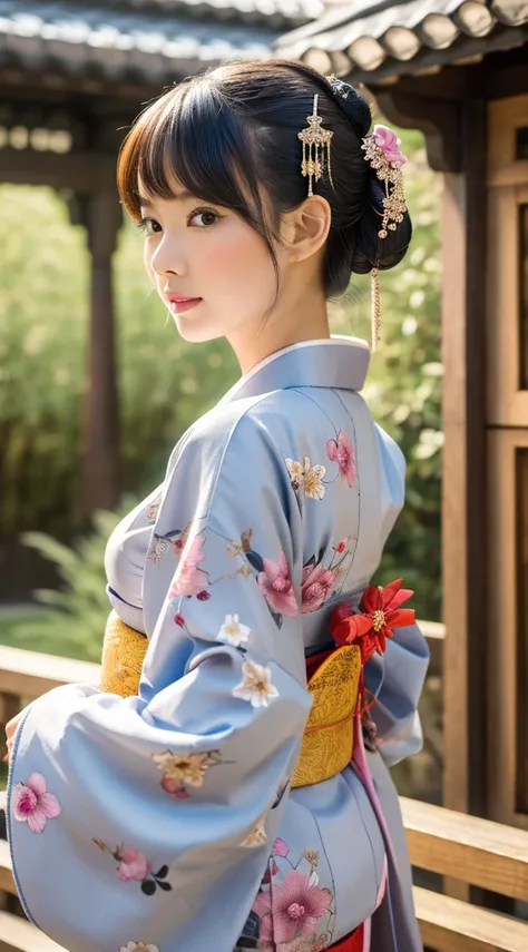 Best Quality, masutepiece, 超A high resolution, (Photorealistic:1.4), Raw photo, One bewitching woman, Kimono beauty with a crane pattern, gros-plan, Looking at Viewer, castle town, Upstyle, Hair Ornament,Beautiful photos,is beautiful,fullbody image,