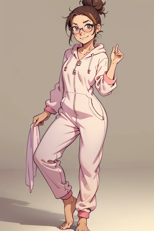 A cute happy barefoot woman with  hair in a messy bun and glasses, facial freckles, toenail polish, , standing, wearing an onesie