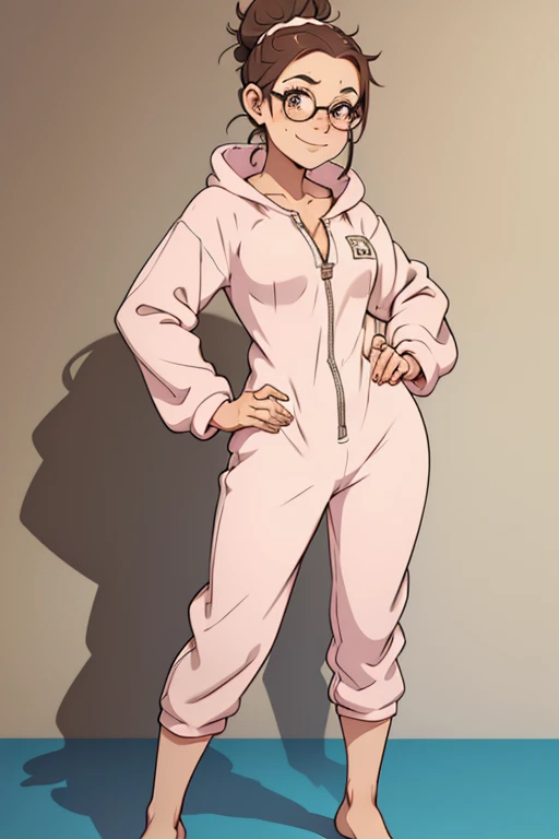 A cute happy barefoot woman with  hair in a messy bun and glasses, facial freckles, toenail polish, , standing, wearing an onesie