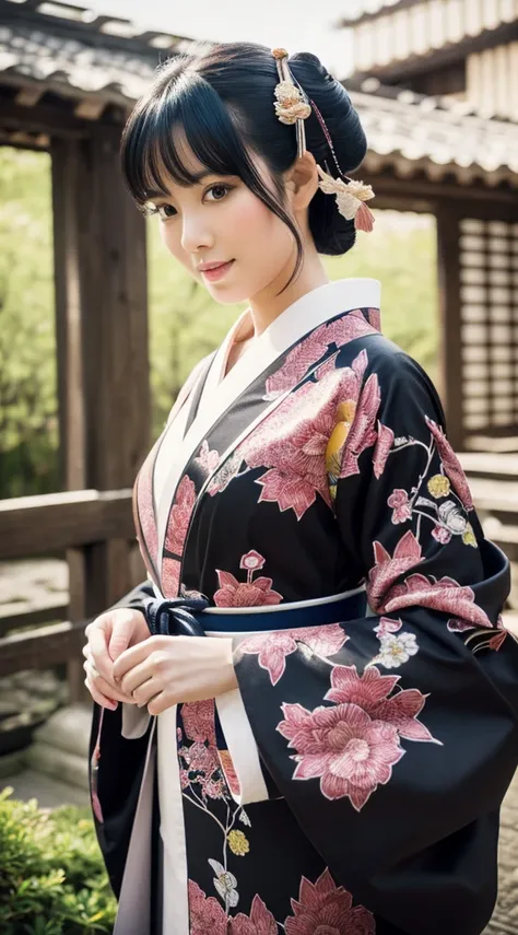 Best Quality, masutepiece, 超A high resolution, (Photorealistic:1.4), Raw photo, One bewitching woman, Kimono beauty with a crane pattern, gros-plan, Looking at Viewer, castle town, Black hair tied up,Beautiful photos,is beautiful,fullbody image,