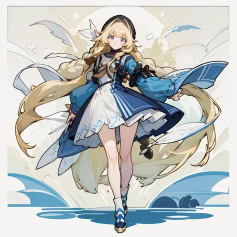 white long curly hair，long, Bushy hair，white color hair，Bushy hair，shawl，Angelic，Small skirt，Blue Lolita，blue，girl，highest accuracy，Great pictures，Extra-long hair，Small leather shoes，Full body photo，The wind blows the hair