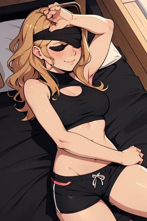 A beautiful barefootwoman with short wavy strawberry-blonde hair, wearing  black sports shorts and a black blindfold, lying on a bed, looking happy.