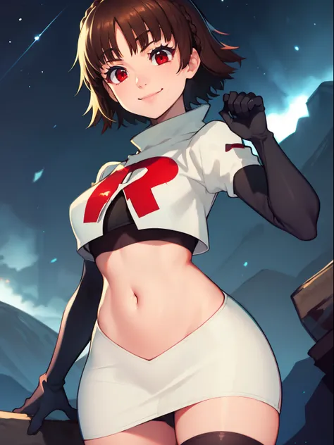 makoto nijima, blunt bangs, braid, brown hair, crown braid, (red eyes:1.3), short hair, team rocket uniform, red letter R, white skirt,white crop top,black thigh-high boots, black elbow gloves, smile, looking at viewer, cowboy shot, sexy pose, night sky ba...