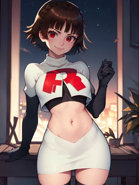 makoto nijima, blunt bangs, braid, brown hair, crown braid, (red eyes:1.3), short hair, team rocket uniform, red letter r, white...