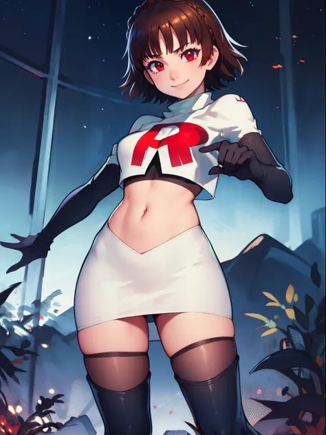 makoto nijima, blunt bangs, braid, brown hair, crown braid, (red eyes:1.3), short hair, team rocket uniform, red letter r, white...