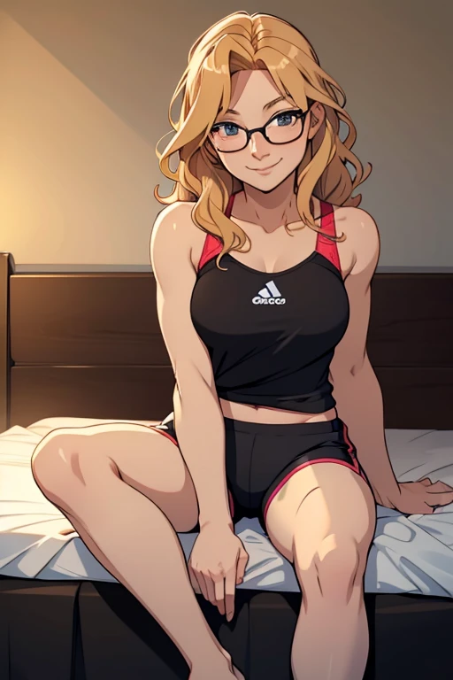 A beautiful barefoot woman with short wavy strawberry-blonde hair, wearing  black sports shorts and glasses, sitting on a bed, looking happy.