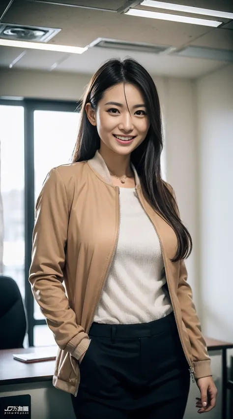 masutepiece, Best Quality, 超A high resolution,(photographrealistic:1.4) (depth of fields),(Lens Glow) , jaket:1.5、Inside the office:1.5、a Pretty Japanese woman:1.5、officeworker、Sexy buttocks:1.5、put hands on the hip:1.5、smil、Tight pants:1.5