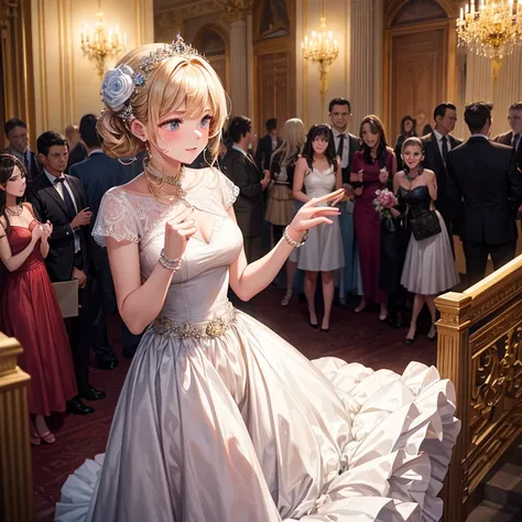 Wearing a beautiful dress, Woman experiences ball for the first time, Feeling a little shy and self-conscious.
BREAK The atmosphere is filled with the debutante&#39;s enchanting dance, And the women proceed with the event, feeling a little shy..