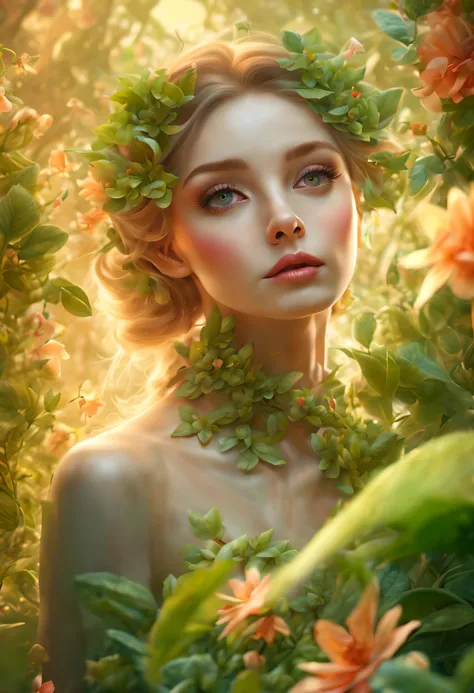 (girl-plant hybrid:1.42), beautiful detailed eyes, detailed lips, flowing green vines, blooming flowers, lush garden landscape, ethereal beauty, delicate features, vibrant colors, mystical atmosphere, magical transformation, charm of nature, portrait dream...