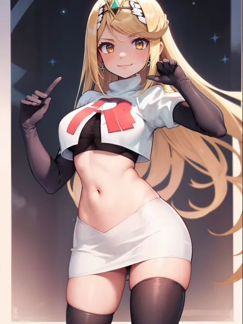 mythra (xenoblade), blond hair, yellow eyes, team rocket uniform, red letter R, white skirt,white crop top,black thigh-high boots, black elbow gloves, smile, looking at viewer, cowboy shot, sexy pose, night sky background