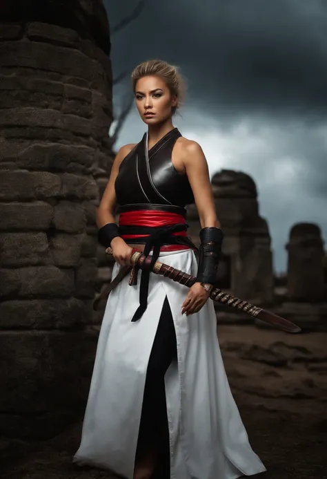 ultra high quality editorial high fashion photography
best quality,
ultra photo realistic,

night. 
dark storm clouds.
pouring rain. 
18 yo blonde ponytail  brigitte bardot as "samuree" female samurai warrior
wearing a high cut gray latex leotard 
puffy sh...