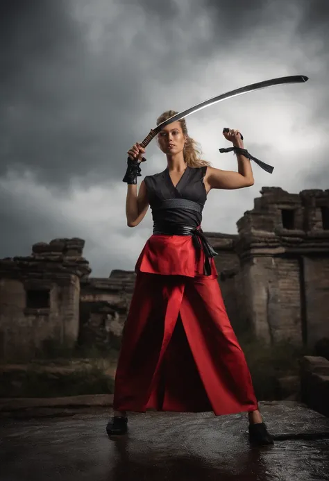 ultra high quality editorial high fashion photography
best quality,
ultra photo realistic,

night. 
dark storm clouds.
pouring rain. 
18 yo blonde ponytail  brigitte bardot as "samuree" female samurai warrior
wearing a high cut gray latex leotard 
puffy sh...