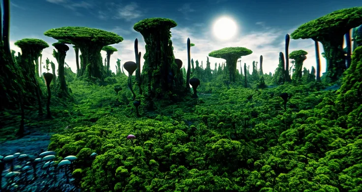 there are many plants that are growing on the ground, deep mandelbulb landscape, an alien landscape, alien forest in background, an alien landscape view, alien landscape, lush alien landscape, beautiful alien landscape, 4d mandelbulb psychedelics, surreal ...