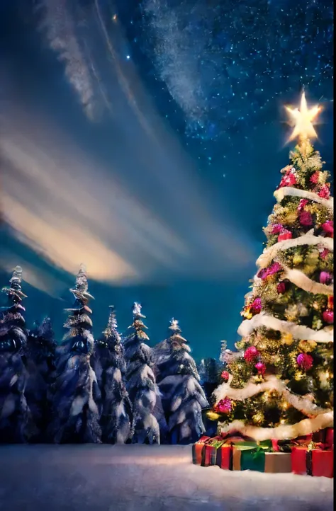 Gorgeous and glittering Christmas tree. The tree is decorated with glittering ornaments and a bright star shines at the top. Multicolored lights gently shine from the branches of the tree, casting a warm glow around it.

The surrounding area is filled with...