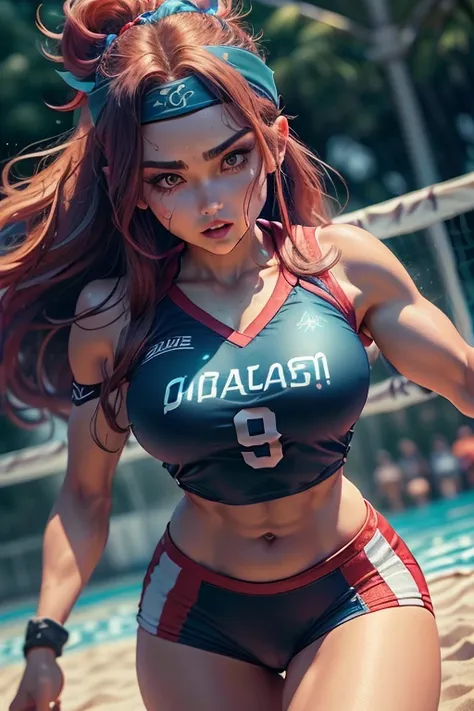 (Ela tem grandes olhos azuis brilhantes)(glossy and red lips) ((longos cabelos))(((franja longa esconde um olho)))((blue volleyball uniform:1.3)), (Seios muito enormes)), (roupa apertada), (long hair with a headband tied across the forehead), (perfect deta...