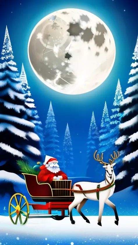 Christmas poster, lots of falling snowflakes, snow, Santa Claus running in the sky on a reindeer sleigh against a full moon, masterpiece, top quality, realistic, 8K